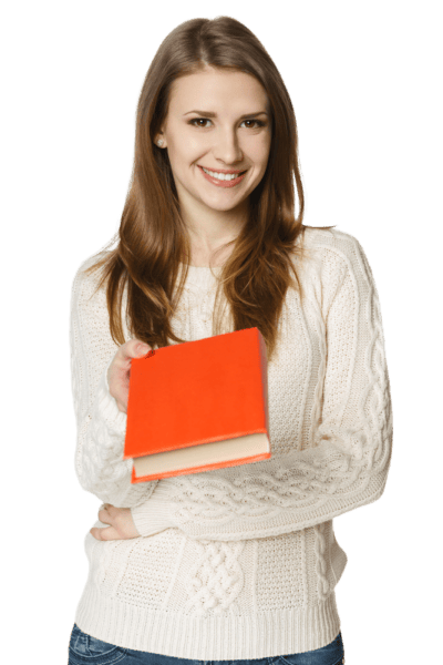 Happy smiling young woman giving you a book, on transparent background