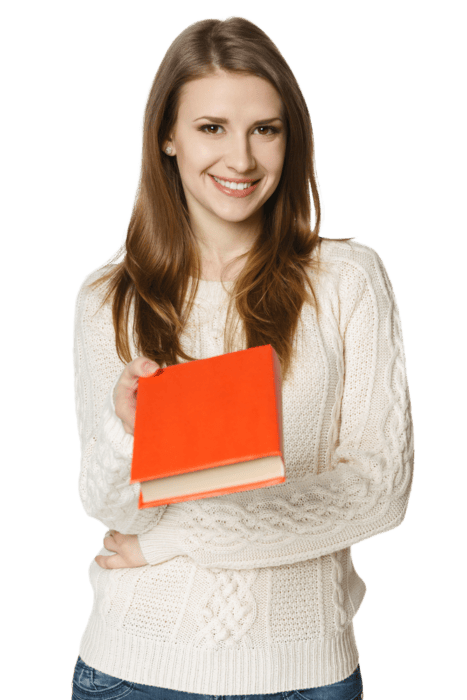 Happy smiling young woman giving you a book, on transparent background